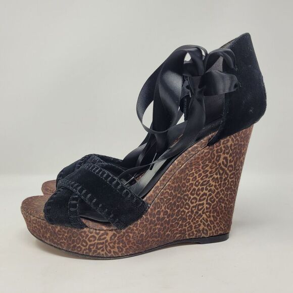 Stuart Weitzman Sandals Womens 9 Cheetah Print Wedge Platform Velvet Ankle Ties - Picture 5 of 10